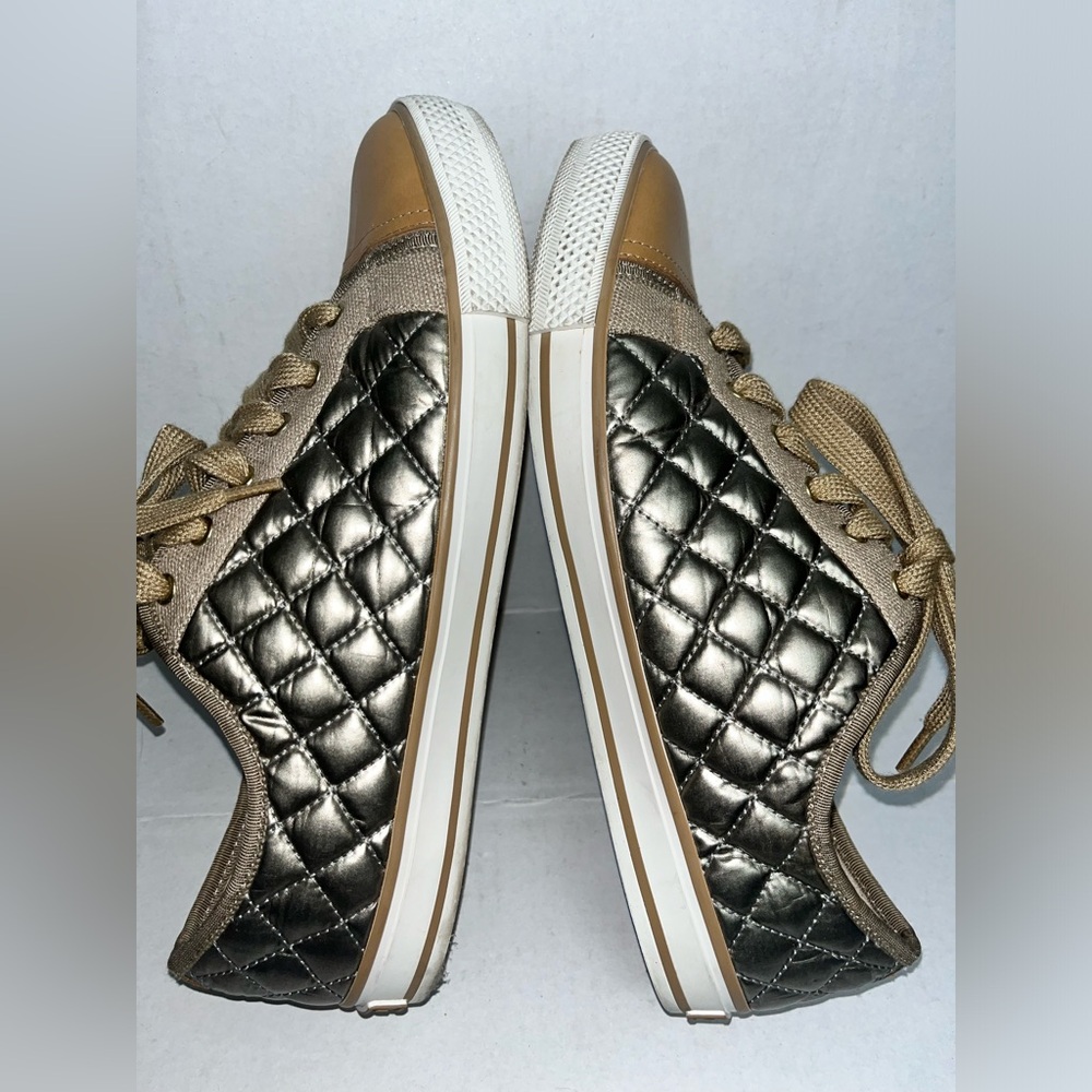 Sz 10.5 WOMENS TORY BURCH SNEAKERS FLATS LOAFERS SHOES METALLIC GOLD/BEI…